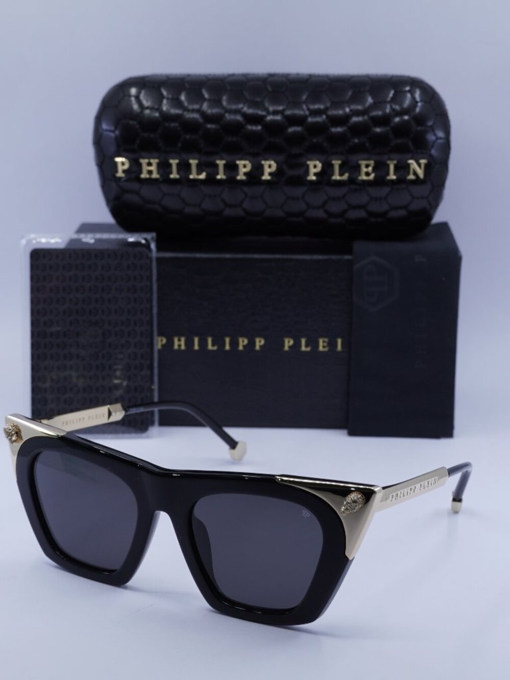 Philipp Plein SPP134S 0700 Cat Eye Sunglasses – Shiny Black/Gold / Smoke